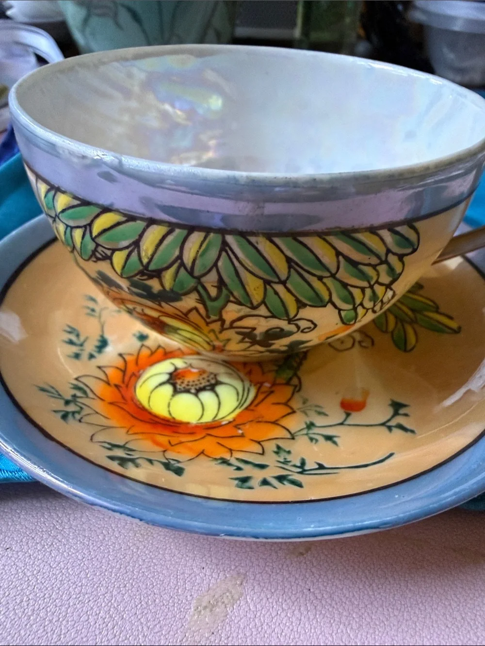 Vintage ca 1940-50’s  made in Japan orange flower lusterware tea cup & saucer